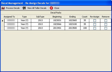 Re-Assign Decals - click View All Teller Decals to see all decals associated with tellers.