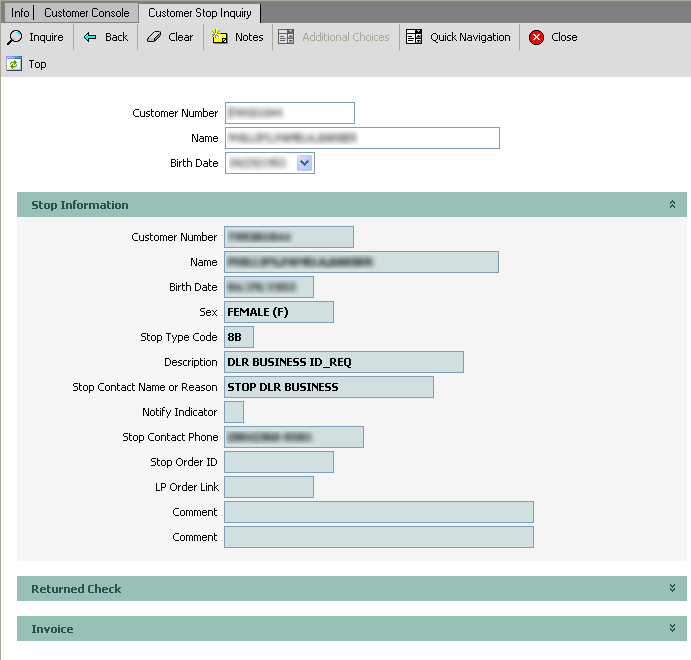 CustomerStopInquiry